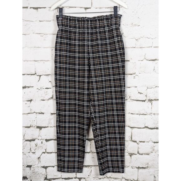 ANN TAYLOR Black Plaid Paper Bag Ankle Pants Pockets Small - Picture 2 of 7